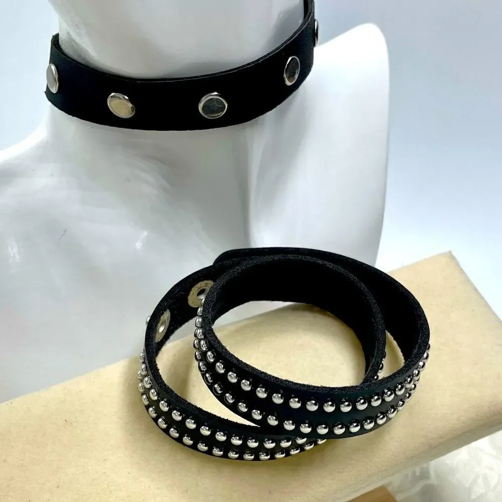 Black Leather 2-piece l Silver-studded l Buckle Choker & Wristband Wrap l New